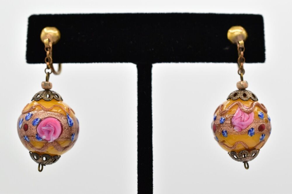 Vintage Wedding Cake Earrings Screw Back Yellow Pink Venetian Glass Murano BinBB